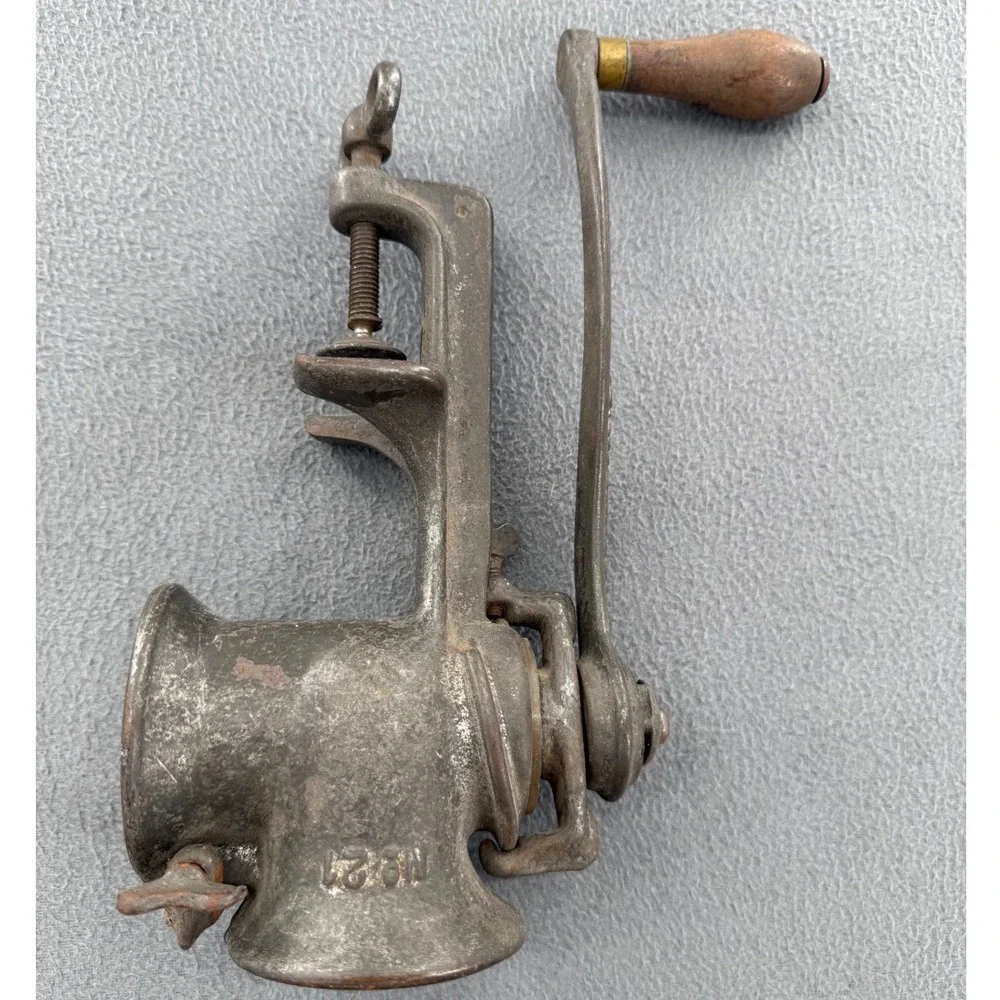 Antique Steinfeld No 21 Cast Iron Meat Grinder 1904 Pat. Wood Handle Farmhouse